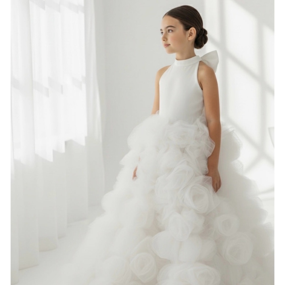 White Tulle Floral Ball Gown Flower Girl Dress
